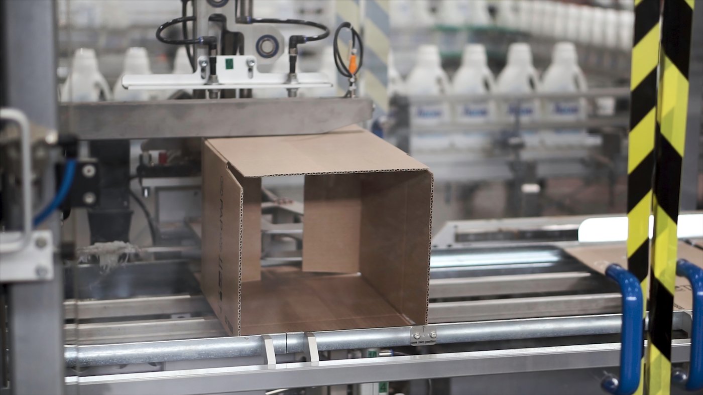Cardboard box moving on an automated packaging line