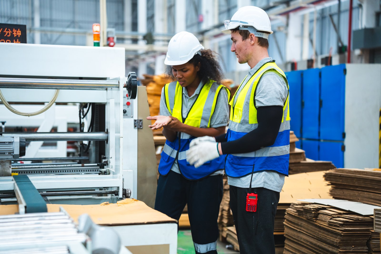 Two operators in hard hats reviewing an issue at a corrugated board machine