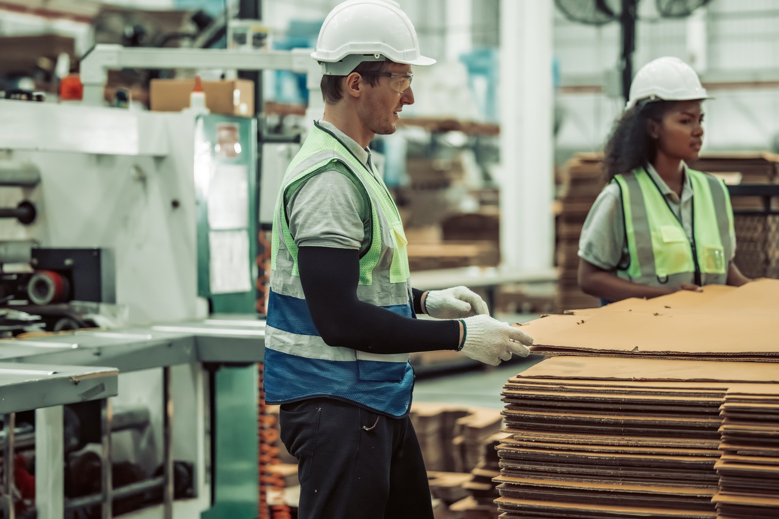 Workers organizing flattened cardboard in a warehouse