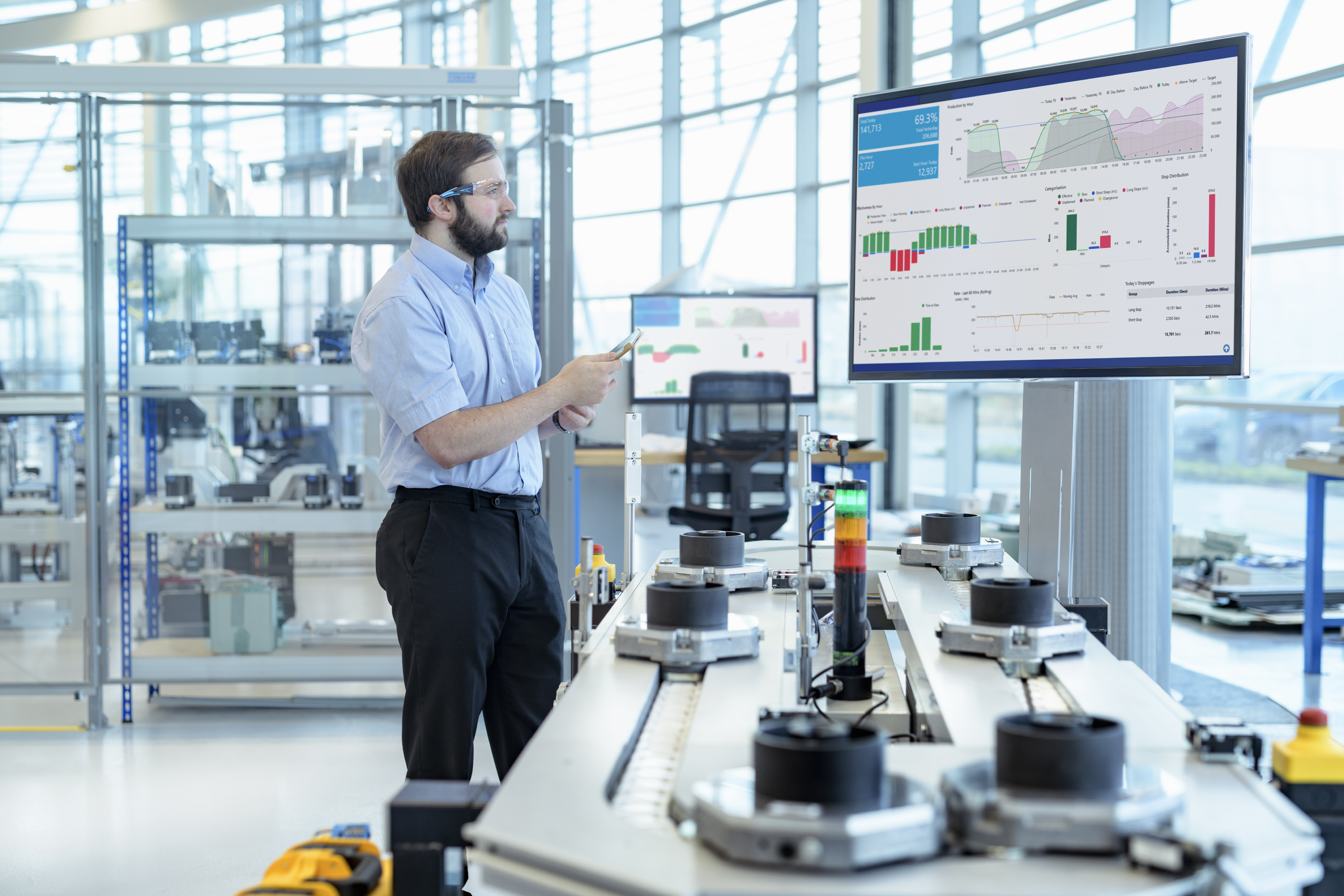 engineer looking at an industrial dashboard for KPIs